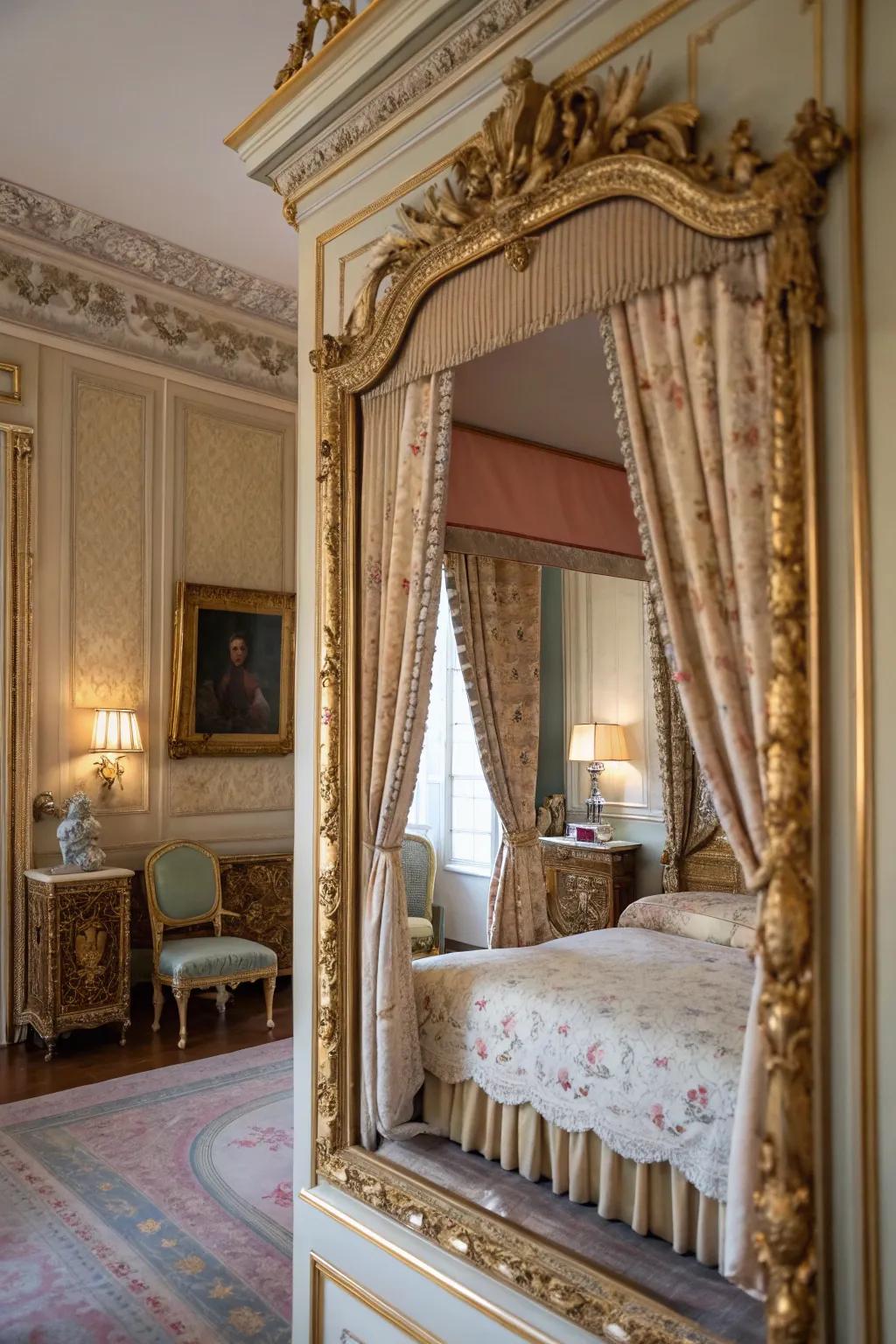 Mirrors with ornate surrounds enhance light and elegance in the French bedroom.