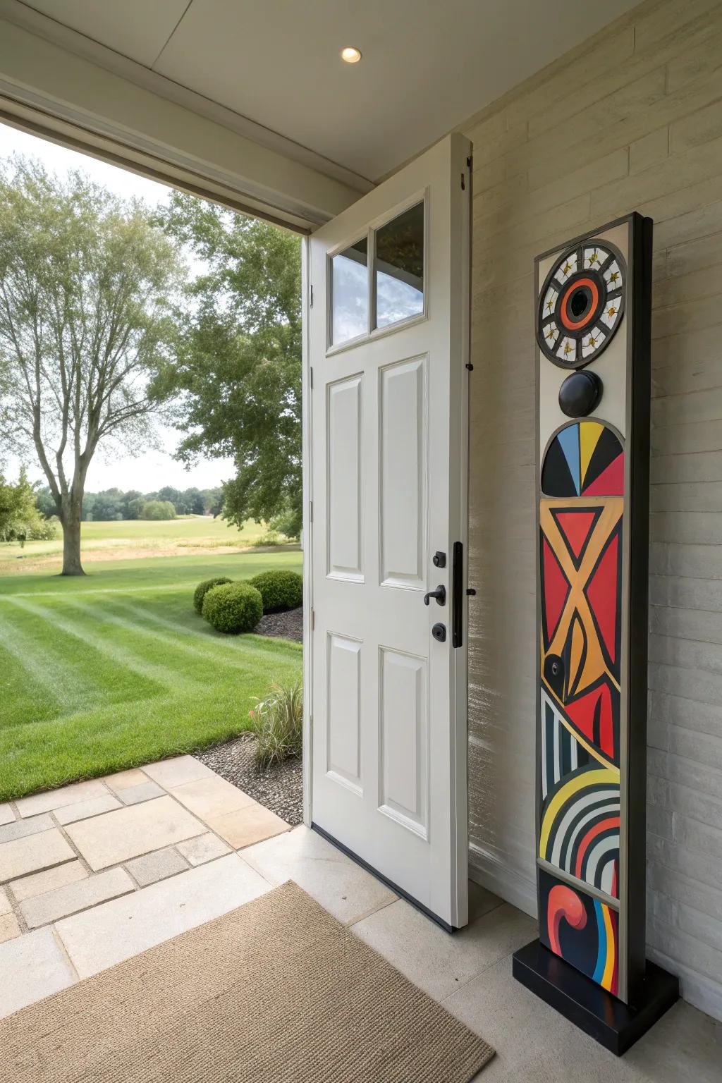Exterior artistry elevates the aesthetic of the entry.