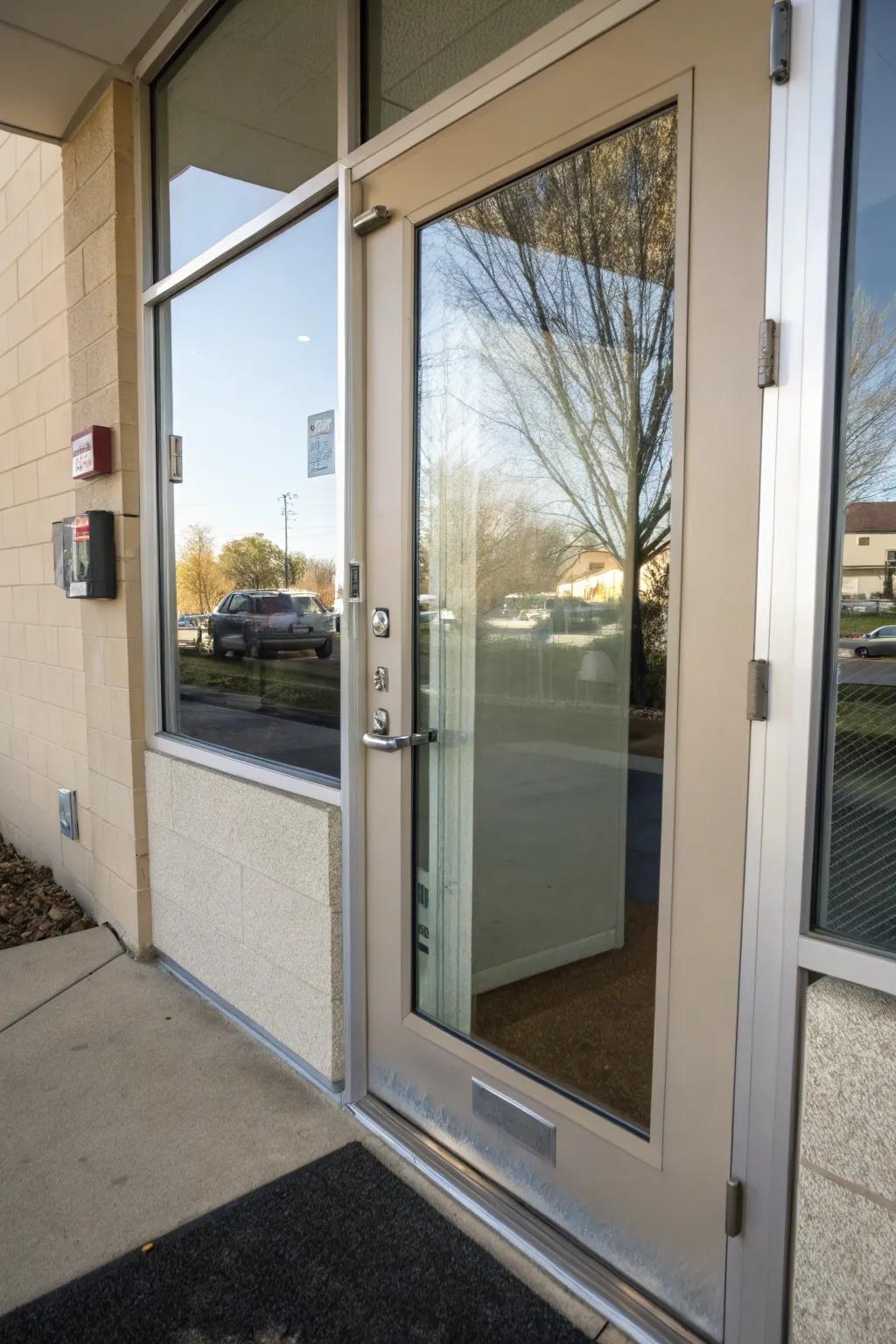 A front door equipped with one-way mirror film for improved privacy.