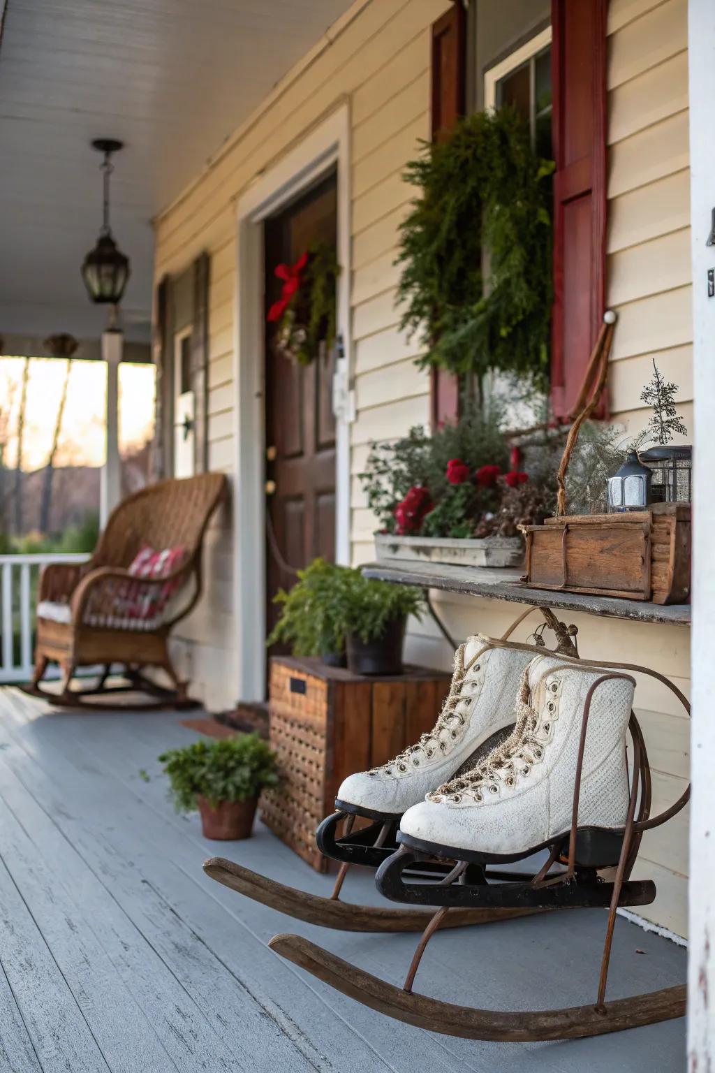 Vintage finds contribute charm and nostalgia to your holiday porch.