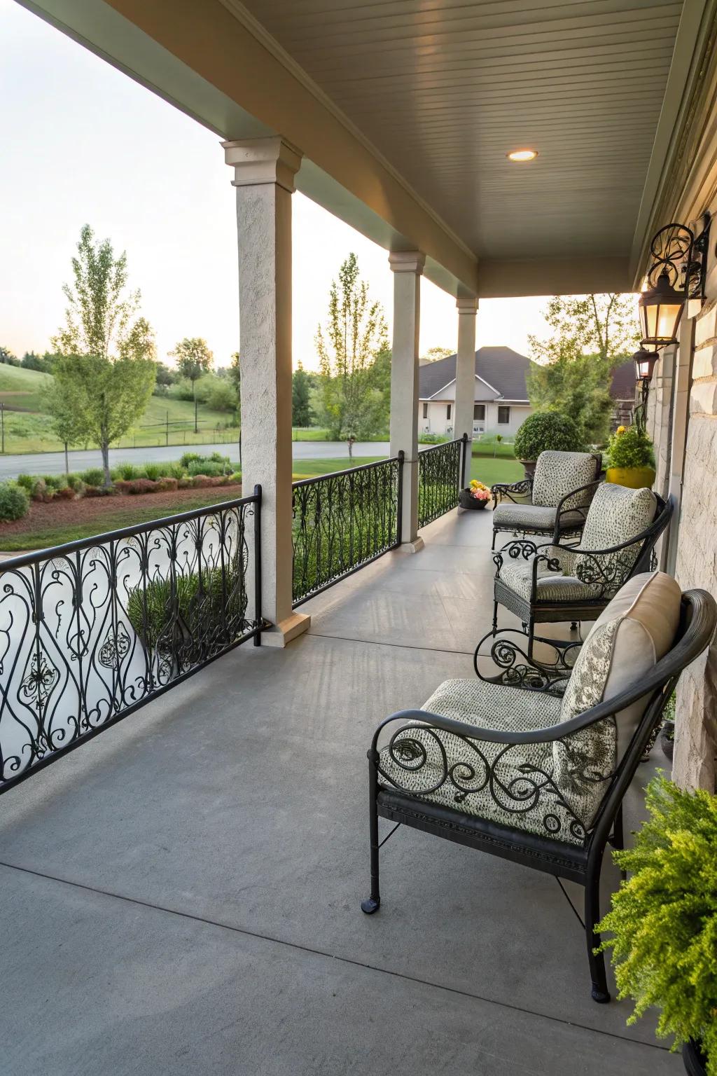 Ornamental railings enhance porch aesthetics.