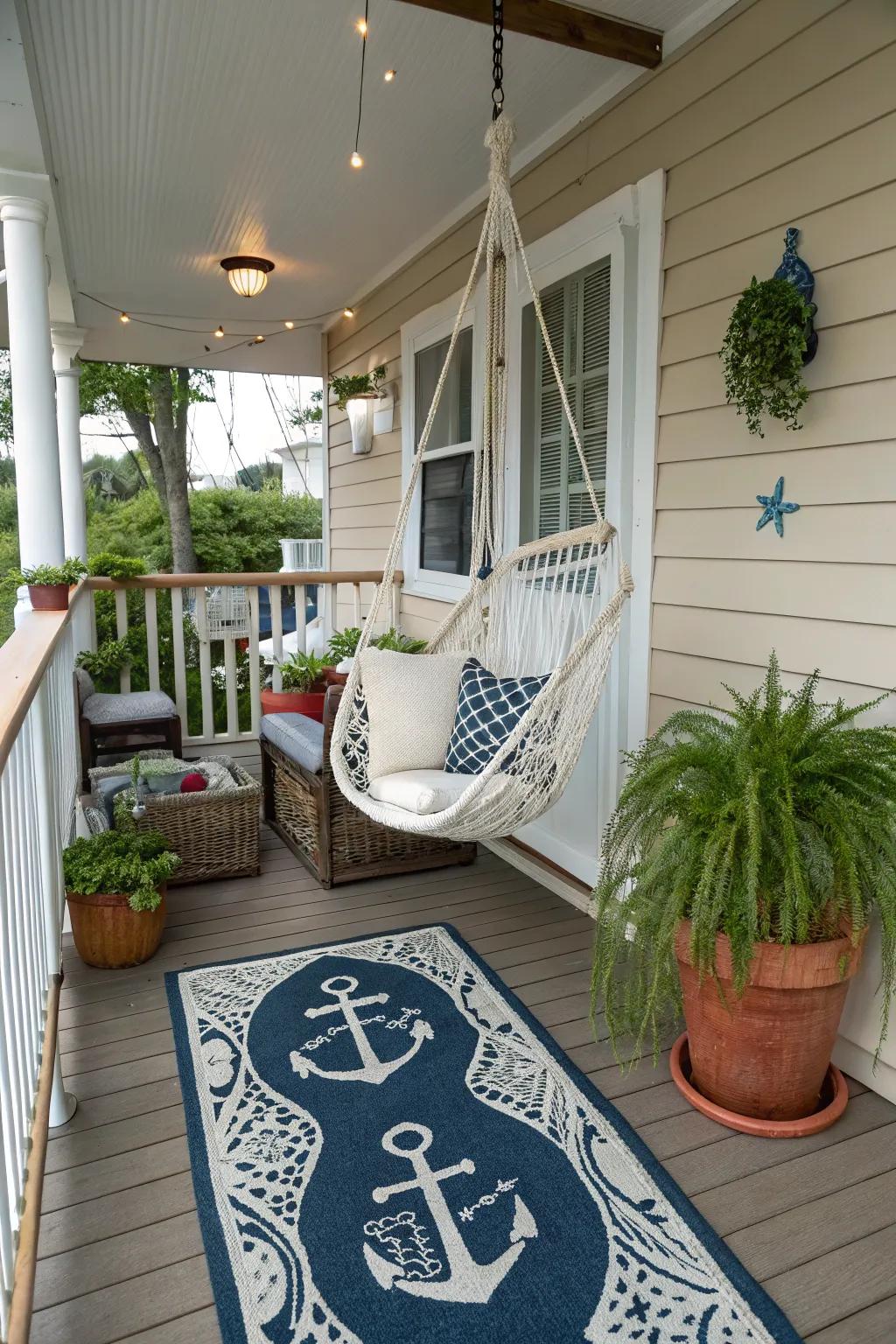 Nautical themes evoke a serene coastal atmosphere.