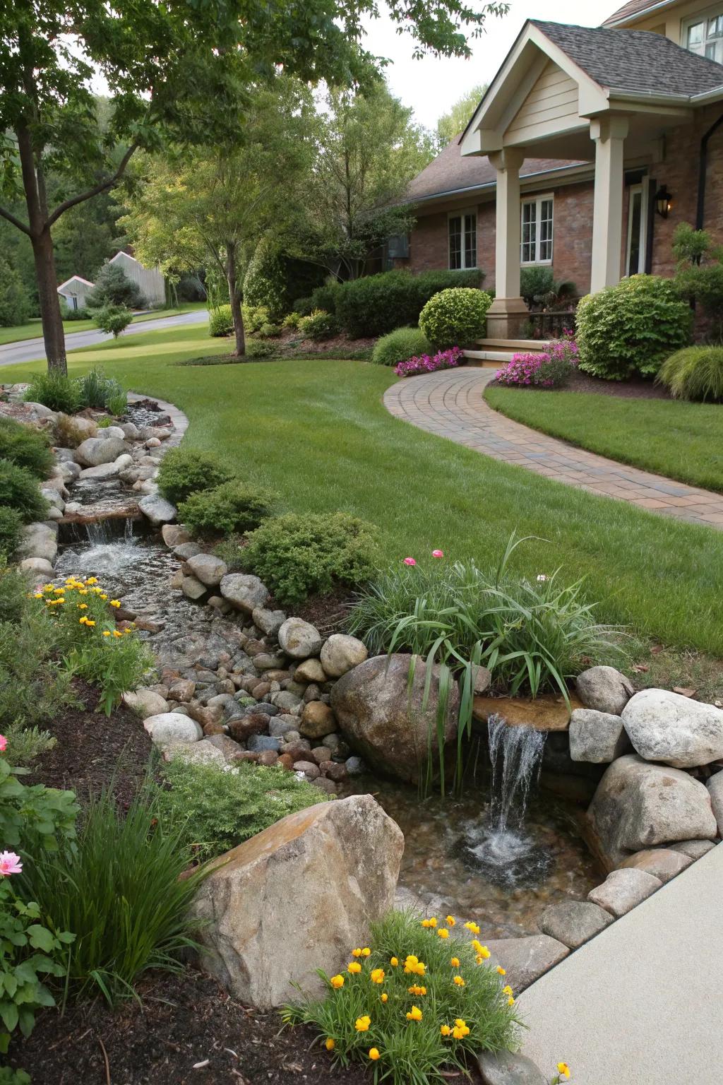 A water feature adds a peaceful touch to your berm.