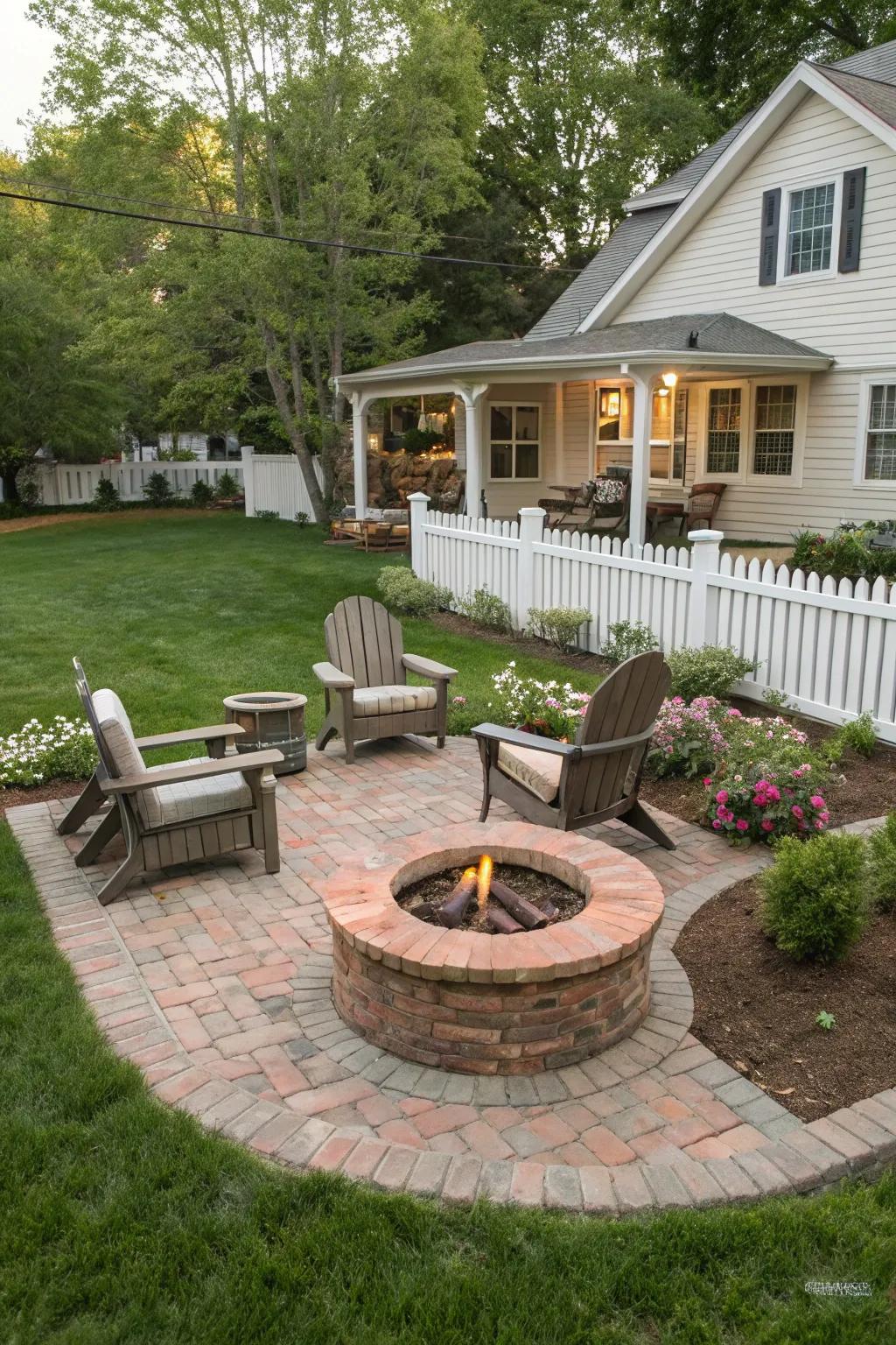 A brick pit becomes the focal point of outdoor gatherings.