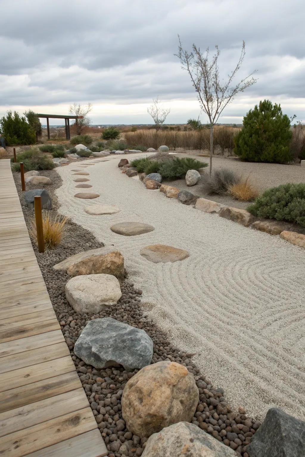 Zen garden parts incorporate calmness to your dry streambed scenery.