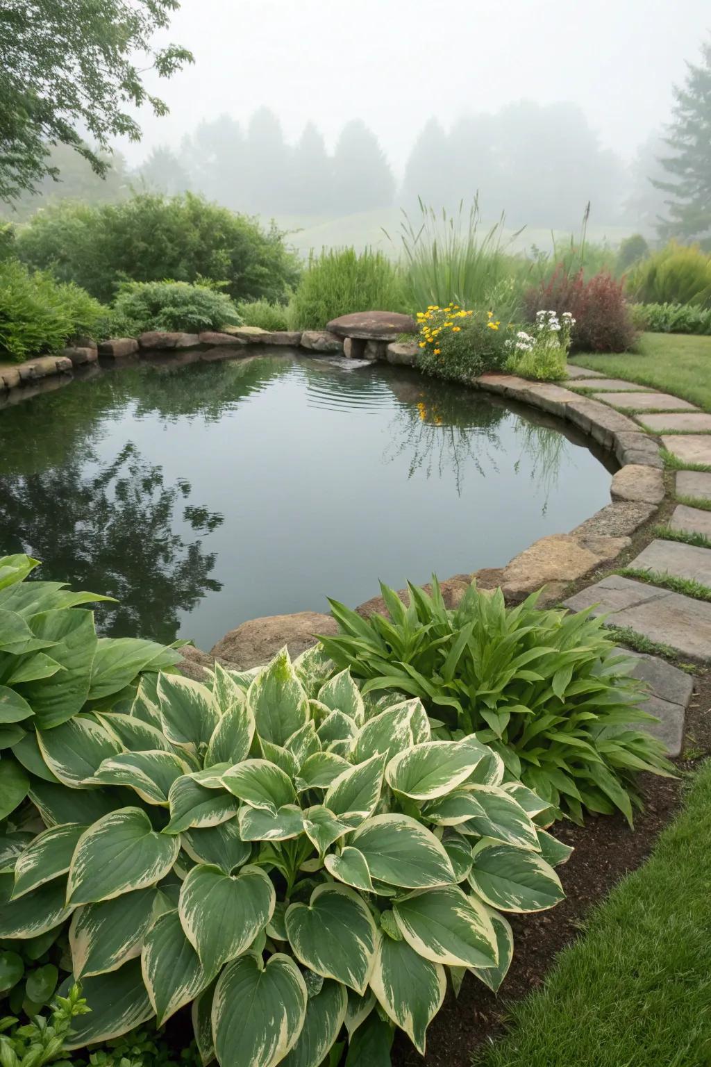 Hostas beautifully soften the edges of water features.