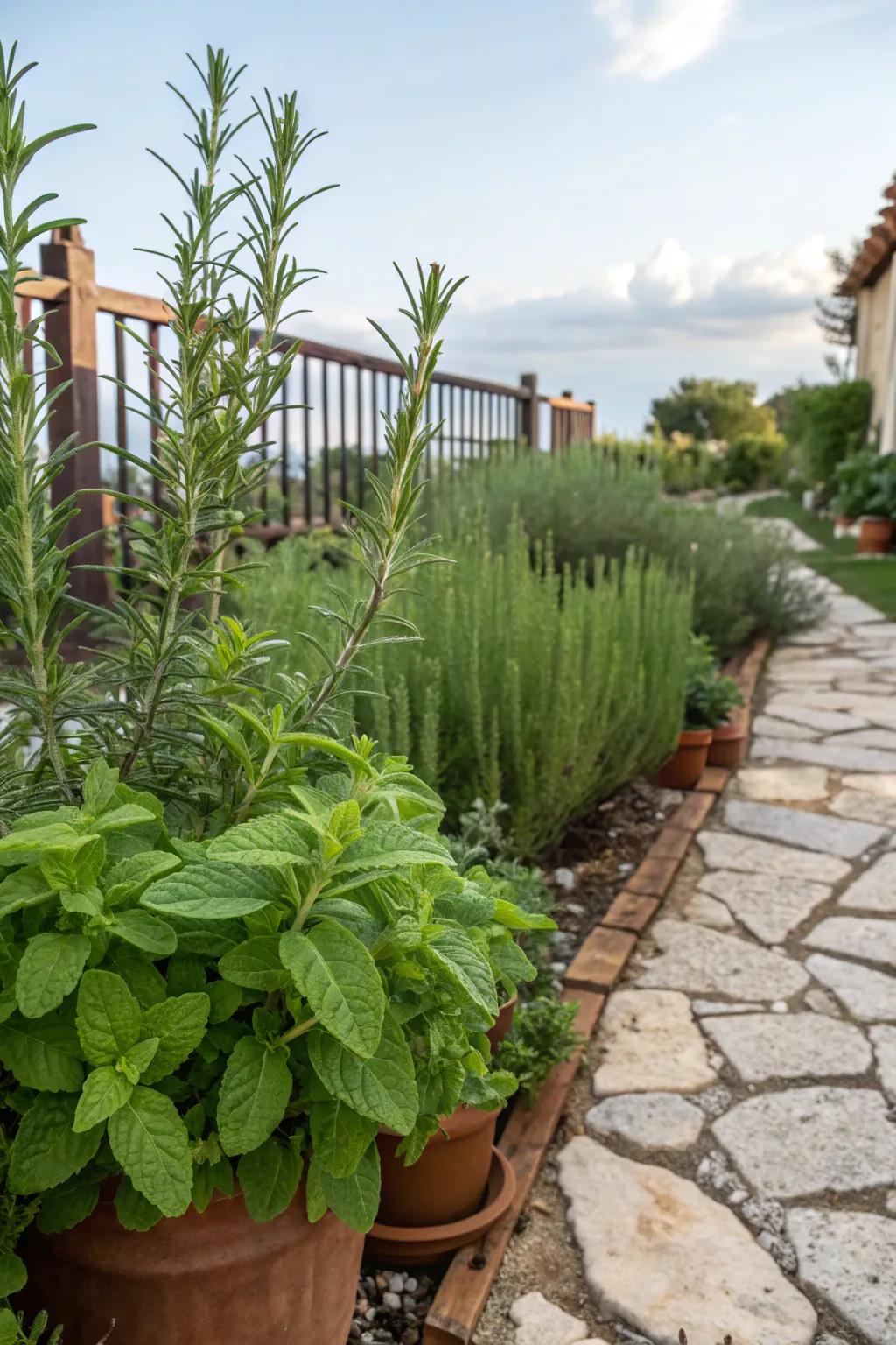Sweet-smelling rosemary and mint bring both scent and usefulness to this garden.