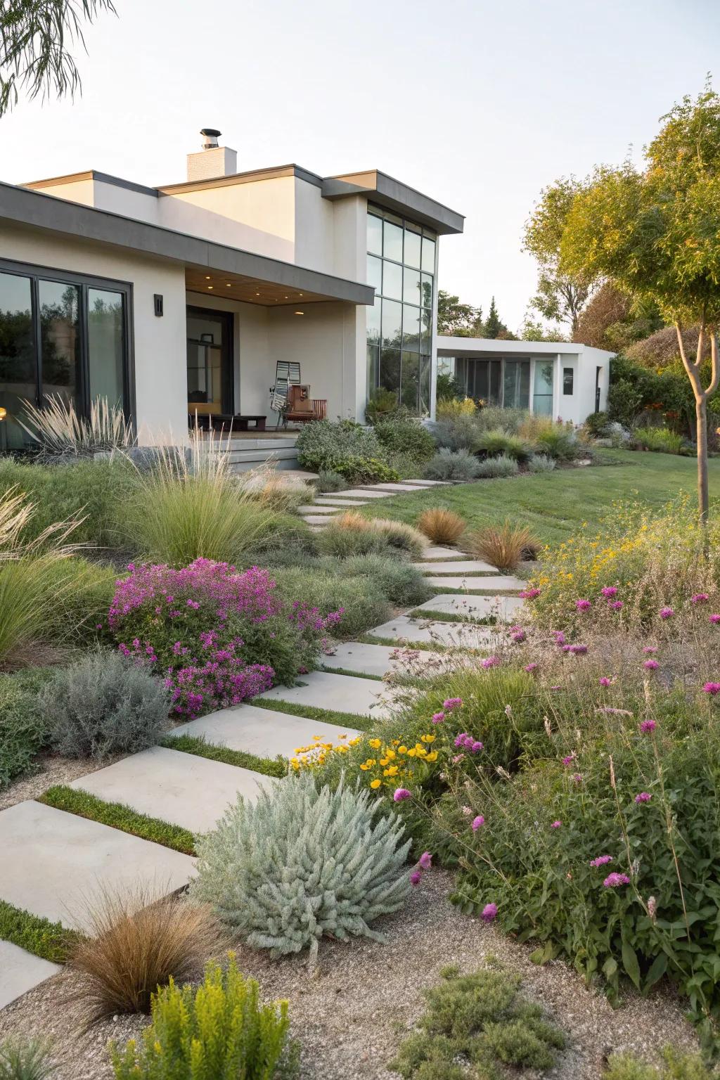 Eco-conscious plant selections flourish with minimal water and upkeep.