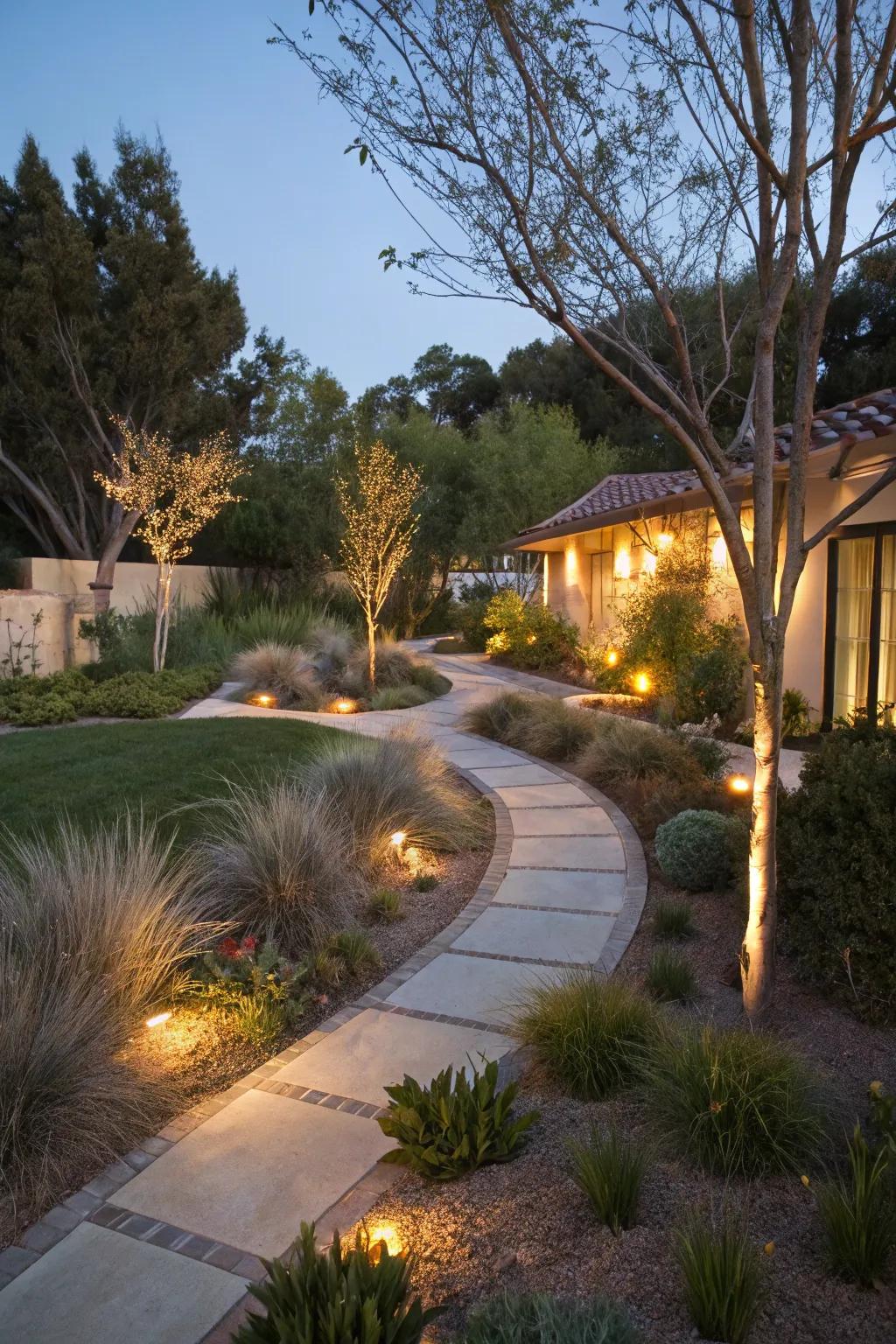 Ambient lighting improving the beauty and safety of a xeriscaped yard.