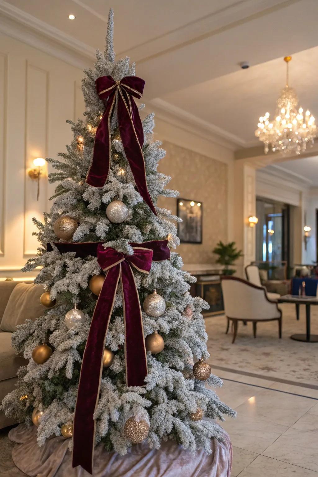 Velvet ribbons include a luxurious touch to this frosted tree.