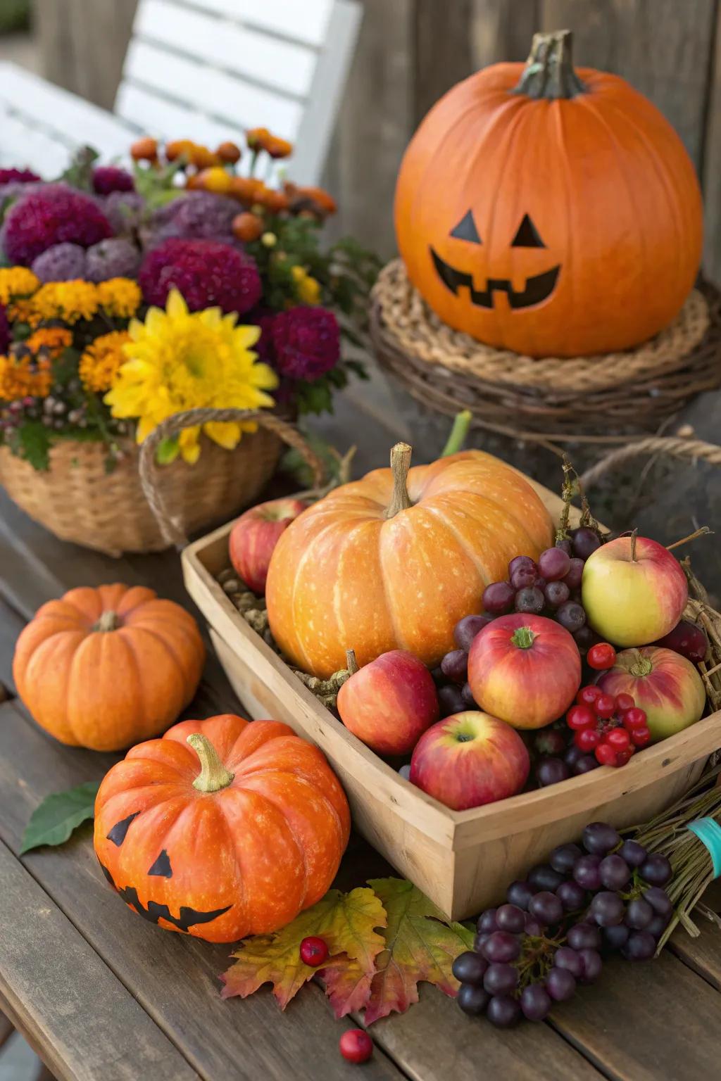 A harvest-themed fruit arrangement perfect for autumn.