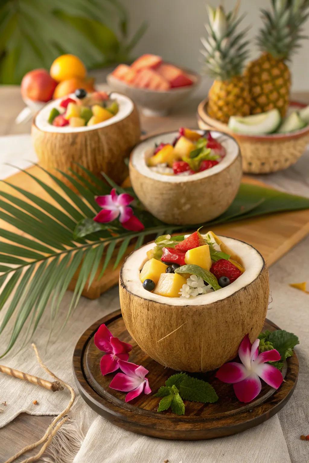 Coconut fruit mugs add a tropical and eco-friendly element.