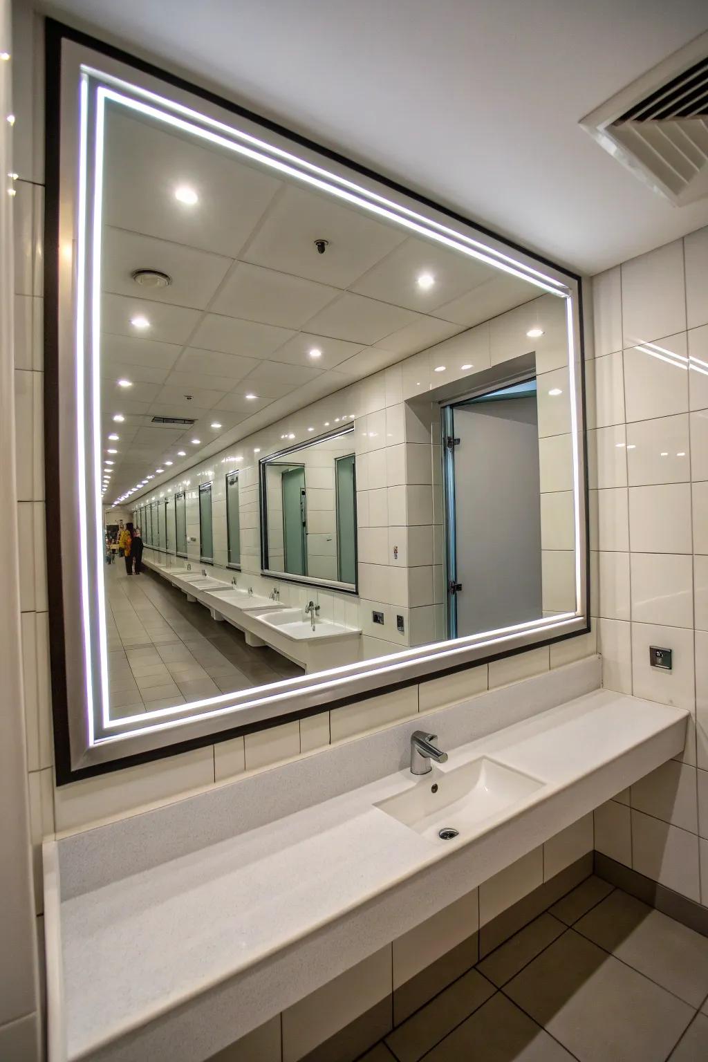 A sizable mirror enhances the perception of space in this bathroom.
