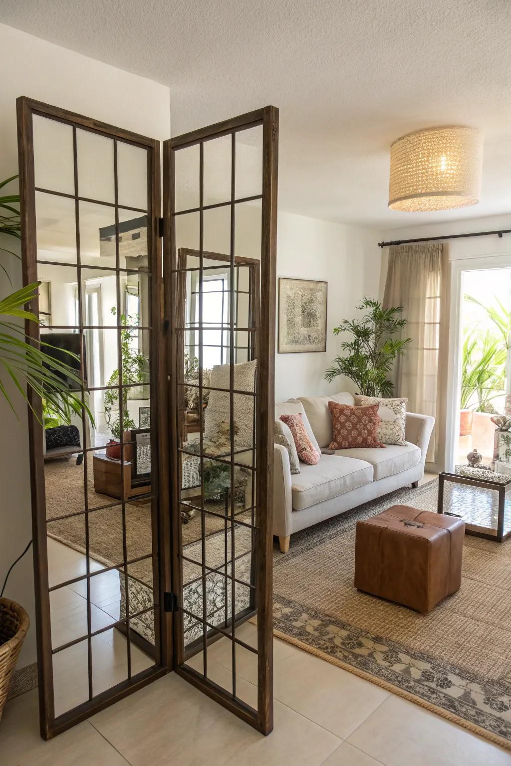 Mirrors in room dividers add both style and function.