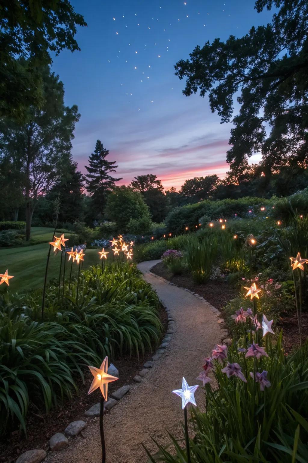 Starry stakes transforming the garden into a nocturnal wonder.