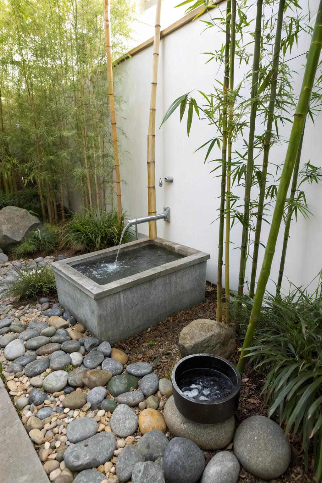 A metallic basin fountain constitutes the nucleus of a Zen garden oasis.