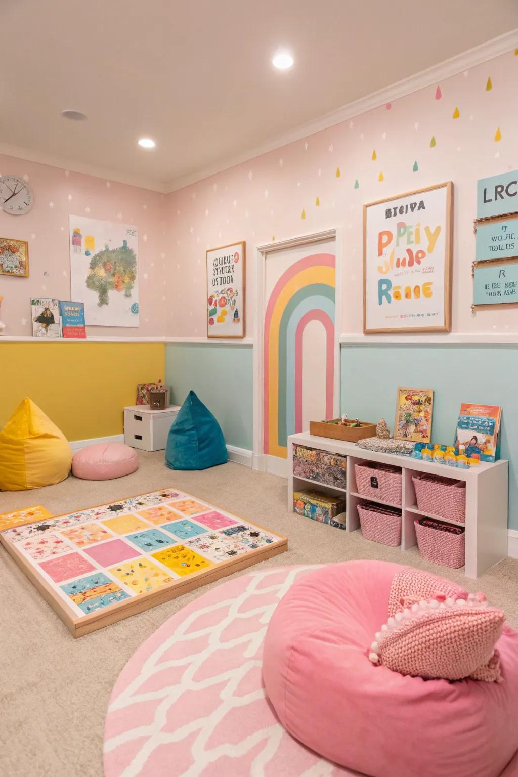 Soft colors bring a fun and light mood to the game room.
