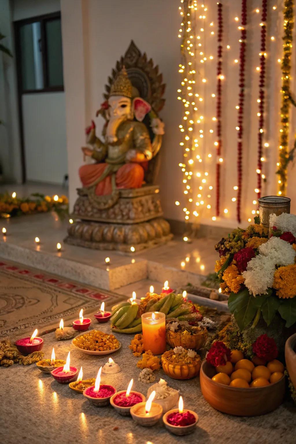 Candles and earth lamps casting a warm glow, enhancing the celebratory mood of the celebrations.