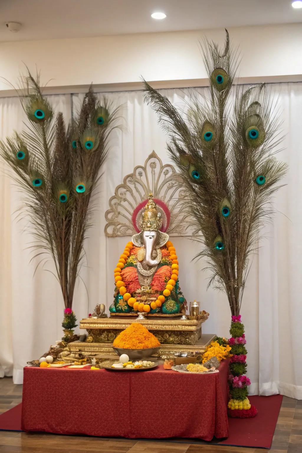 Plumes adding a majestic element to the Ganpati decor.