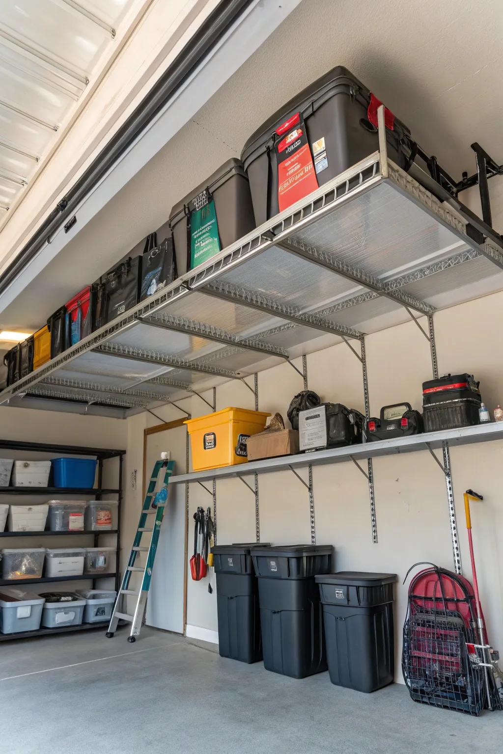 Top-side storage racks keep your garage tidy and efficient.