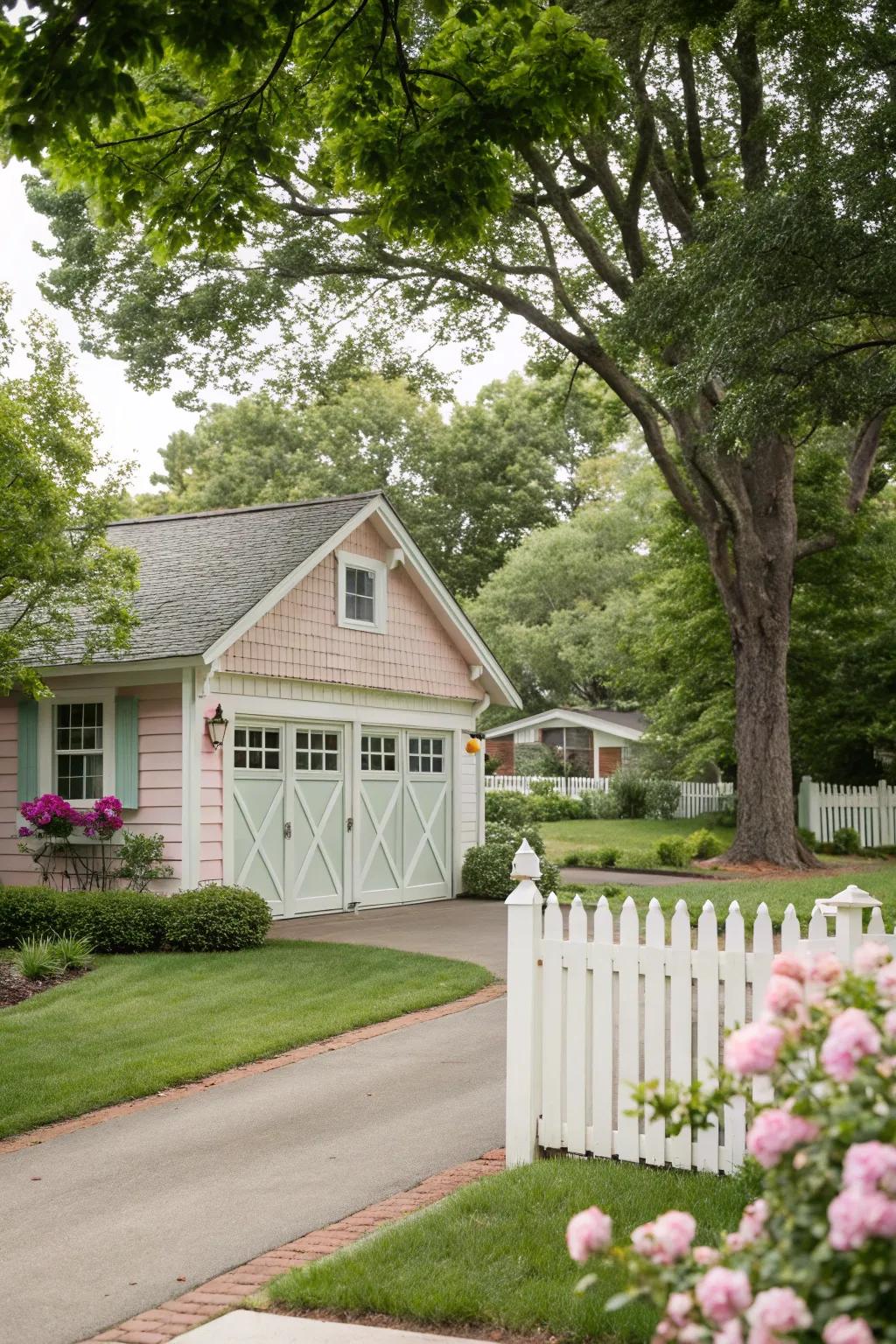 Gentle delicate shade garage doors introduce a subtle and welcoming charm.