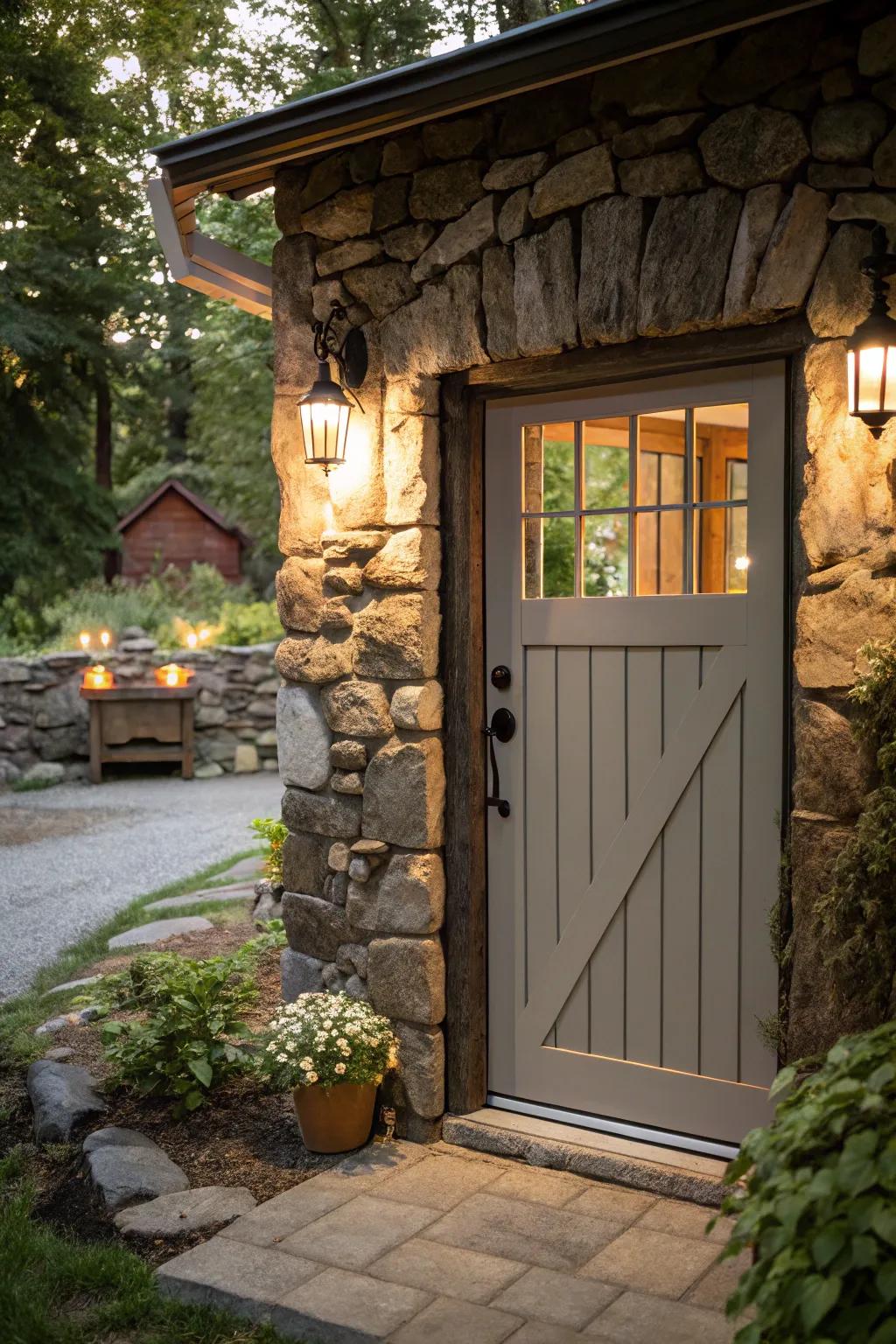 Natural rock gives a country elegance to this entryway.