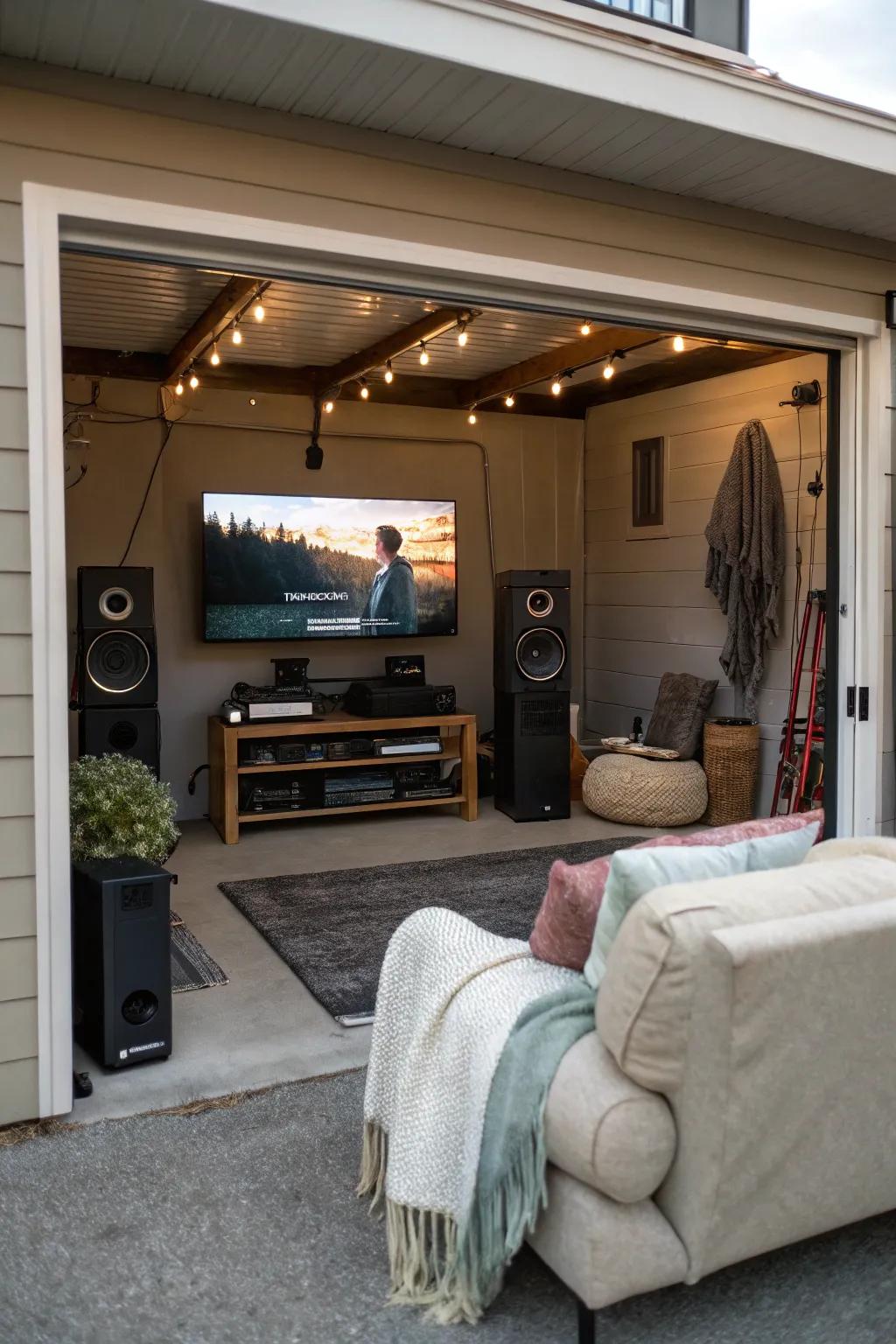 Immerse yourself in music with a listening area and TV setup in your garage.
