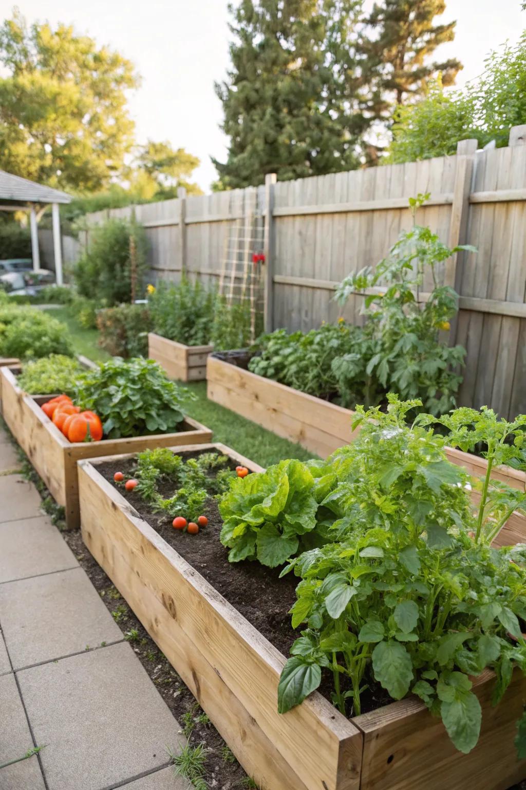 Elevated garden beds filled with thriving vegetables.