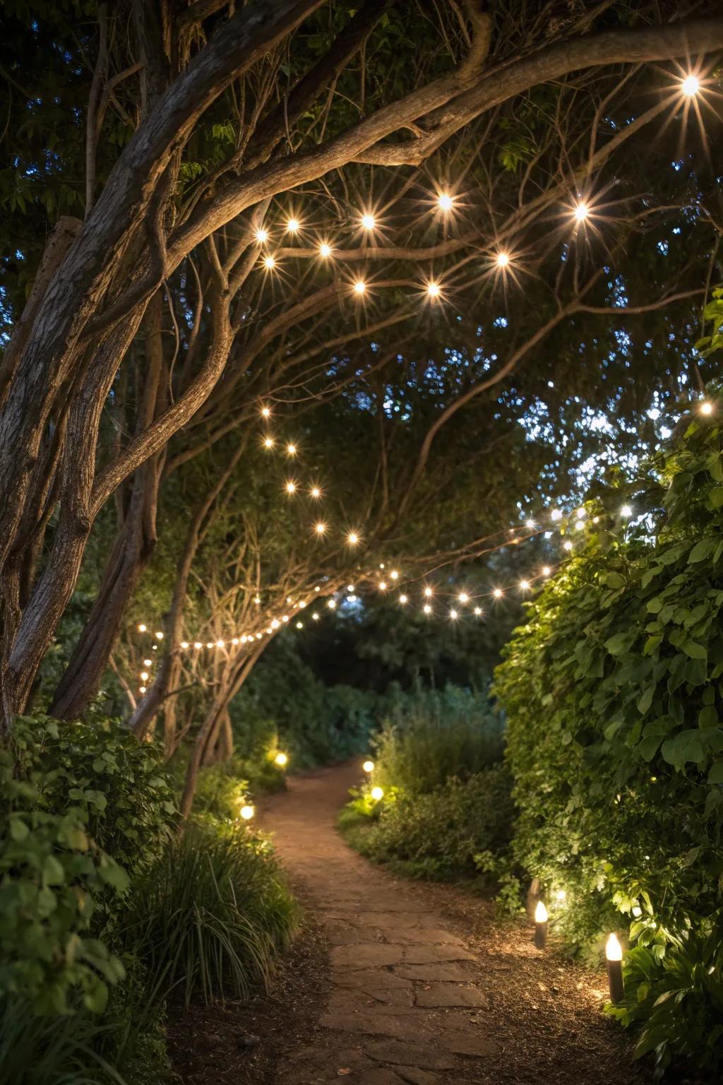 Twinkling fairy lights make the garden feel magical.