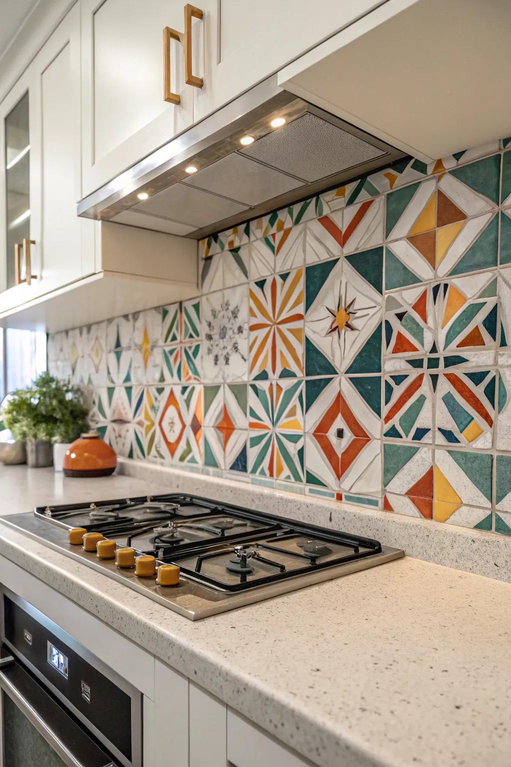 Tessellated blocks create a unique and stylish kitchen backdrop.