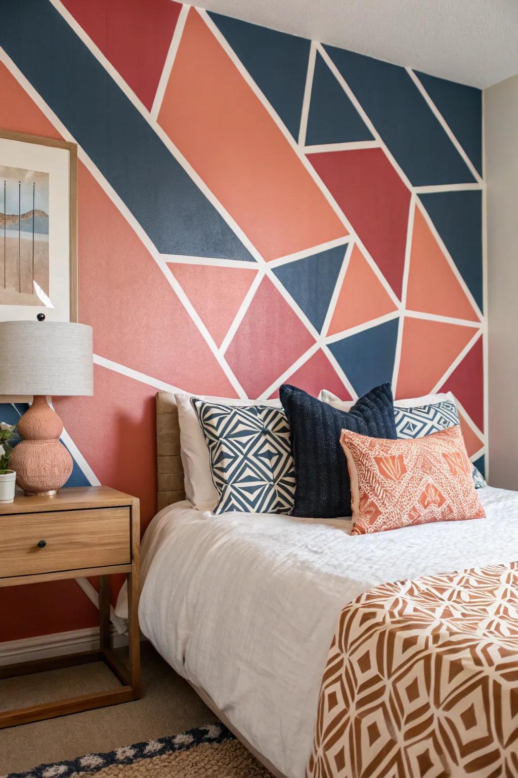 A guest room revitalized with bold color block geometric designs.