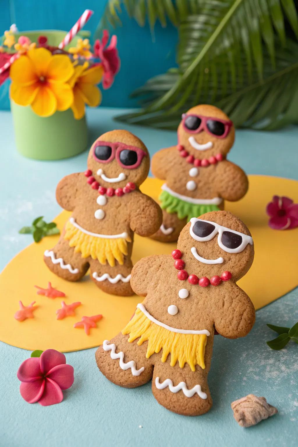 Tropical gingerbread figures ushering sunshine into the holiday revelries.