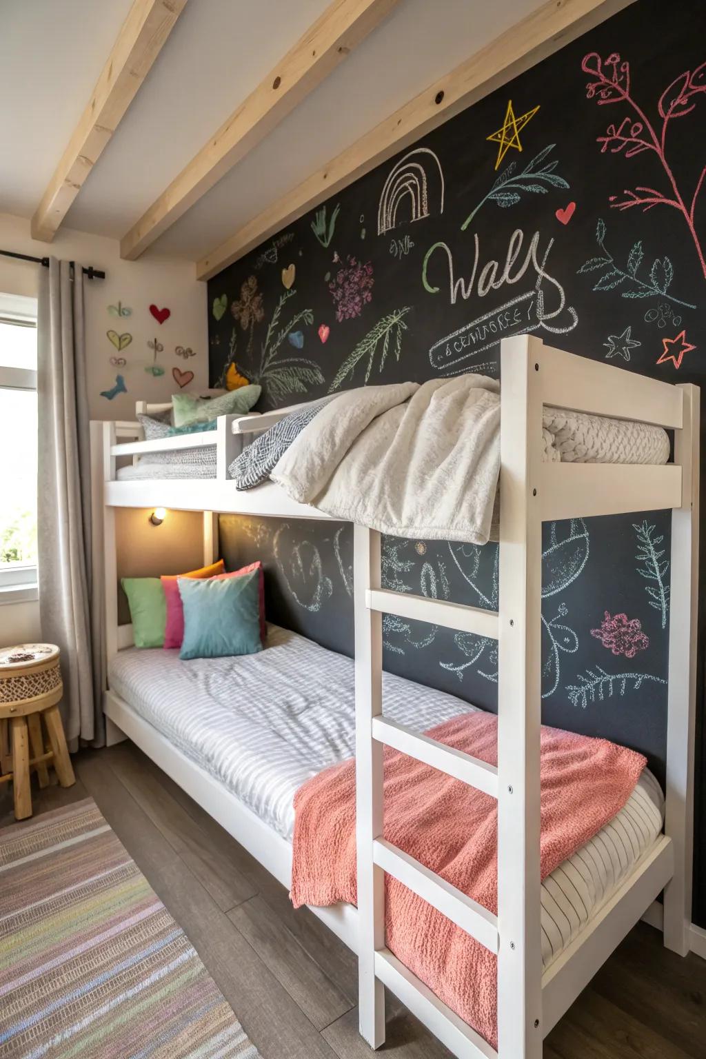 A writing board wall fosters creativity and fun.