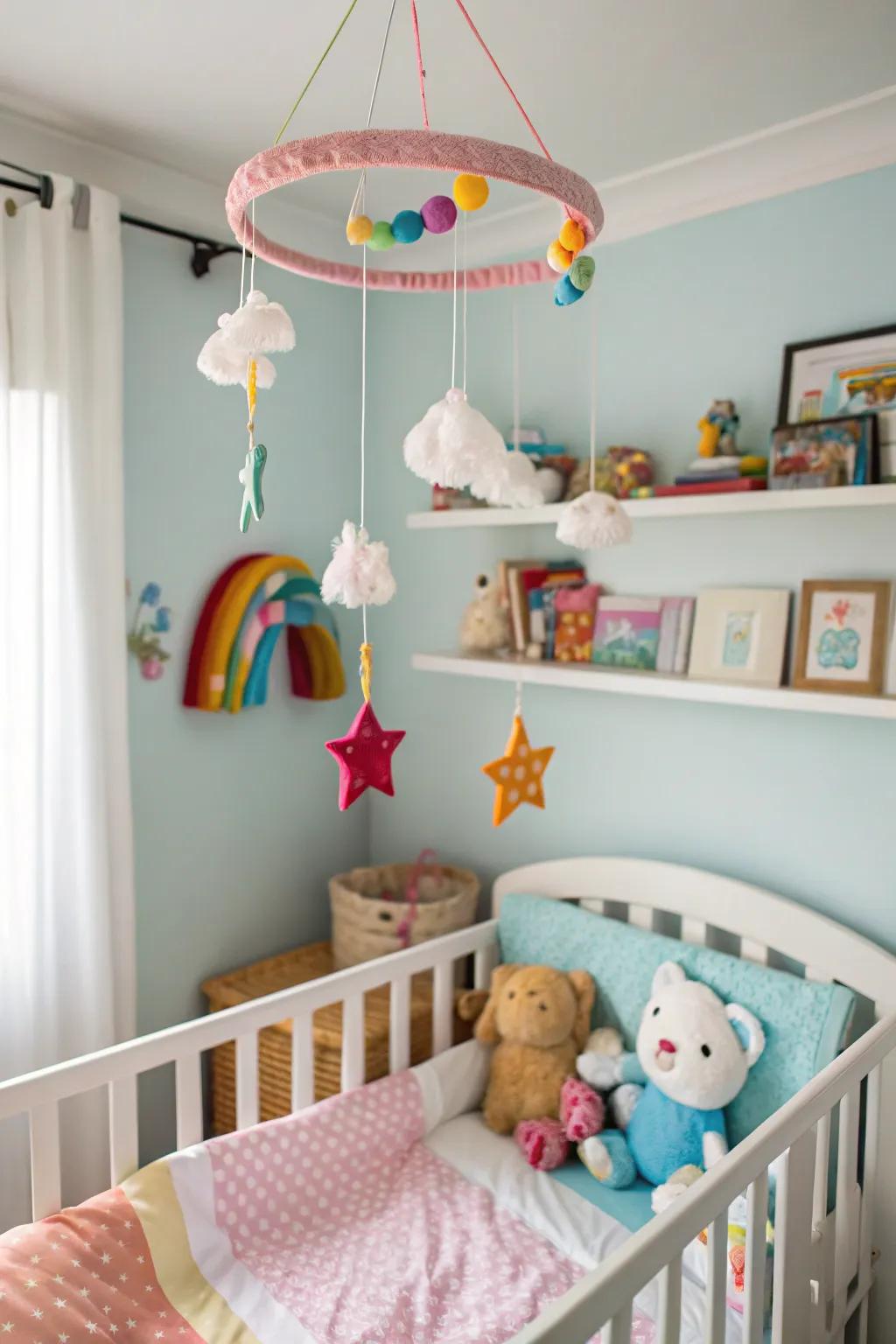 A ceiling mobile fascinates and soothes your baby.