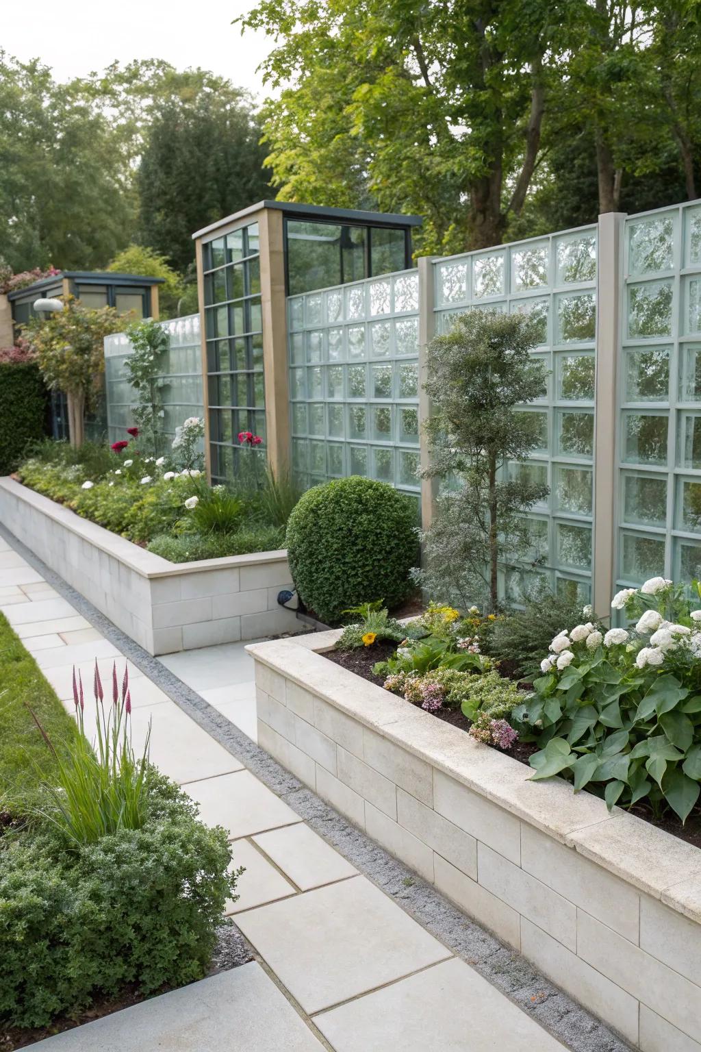 A garden showing glass block borders, which adds a modern and light-catching part to the landscape.