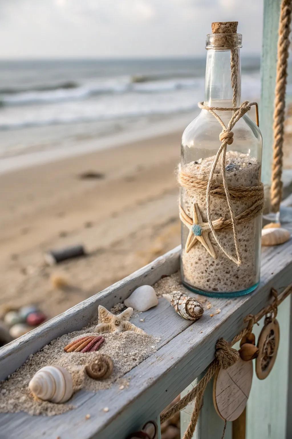 Nautical bottles capturing the essence of the seaside.