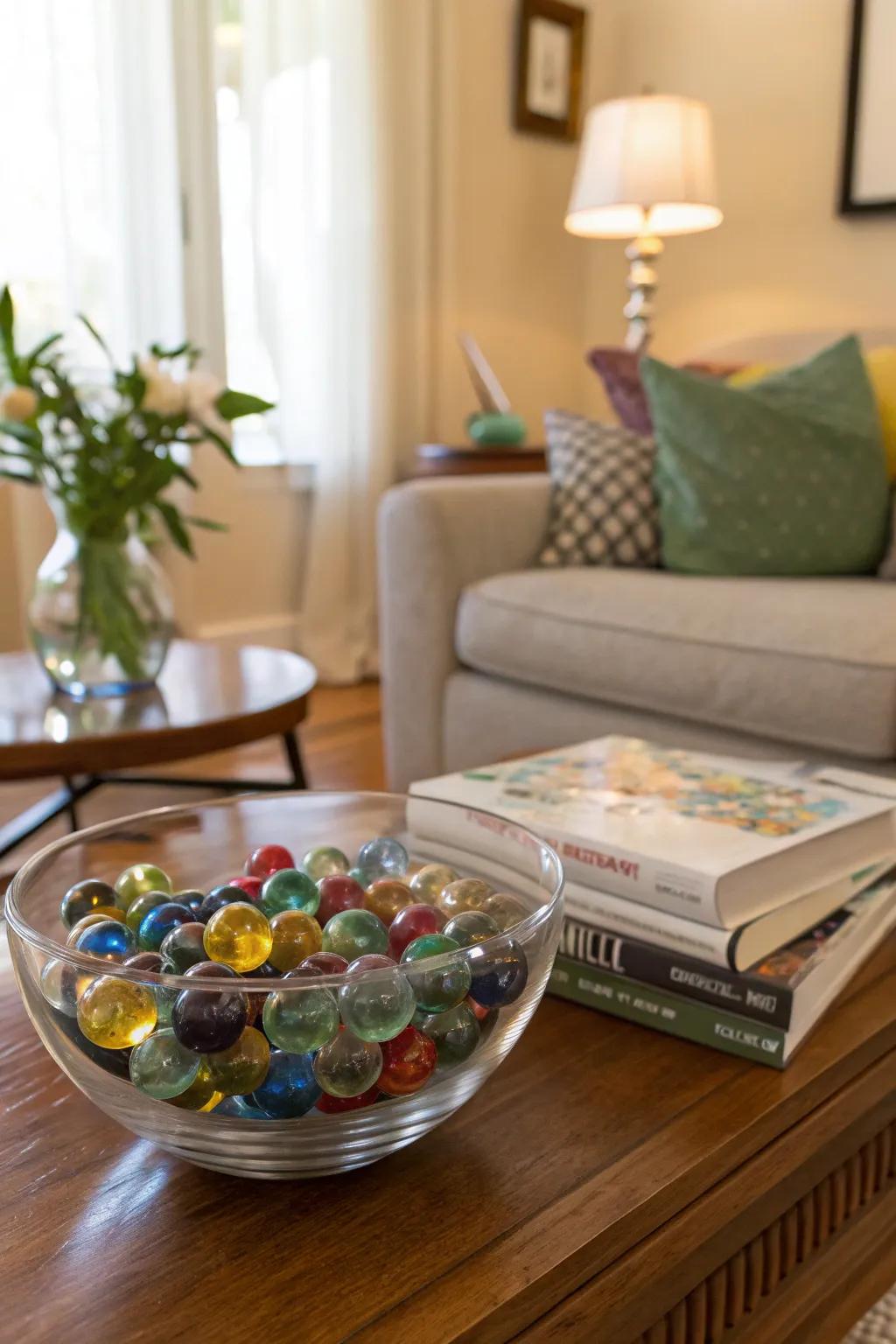 A vibrant and playful display of stones in a glass bowl.