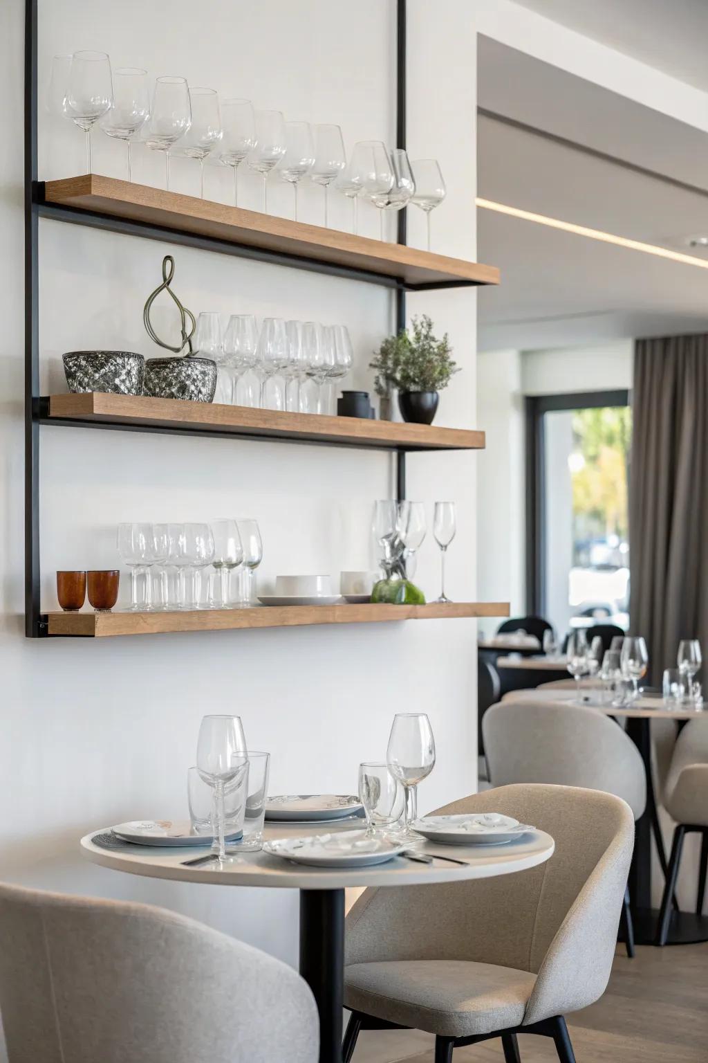 Simple wall mounts exhibiting elegant glassware.