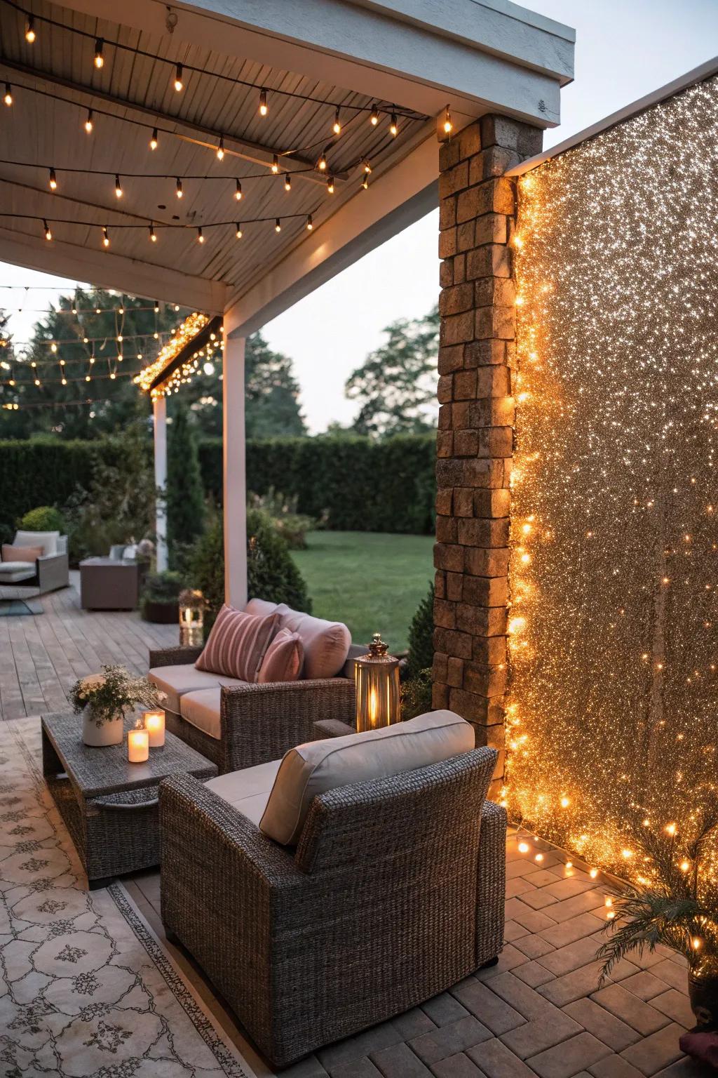 A shimmer accent wall adds radiance to an outdoor patio.