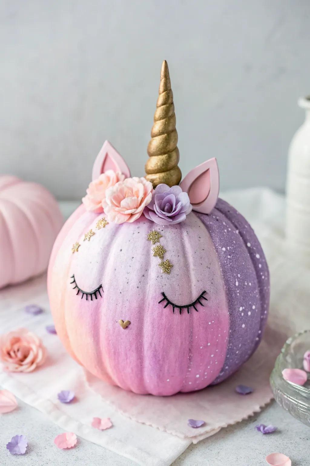 Enchant your autumn decor with a charming unicorn pumpkin, where minimalist elegance meets magical whimsy.