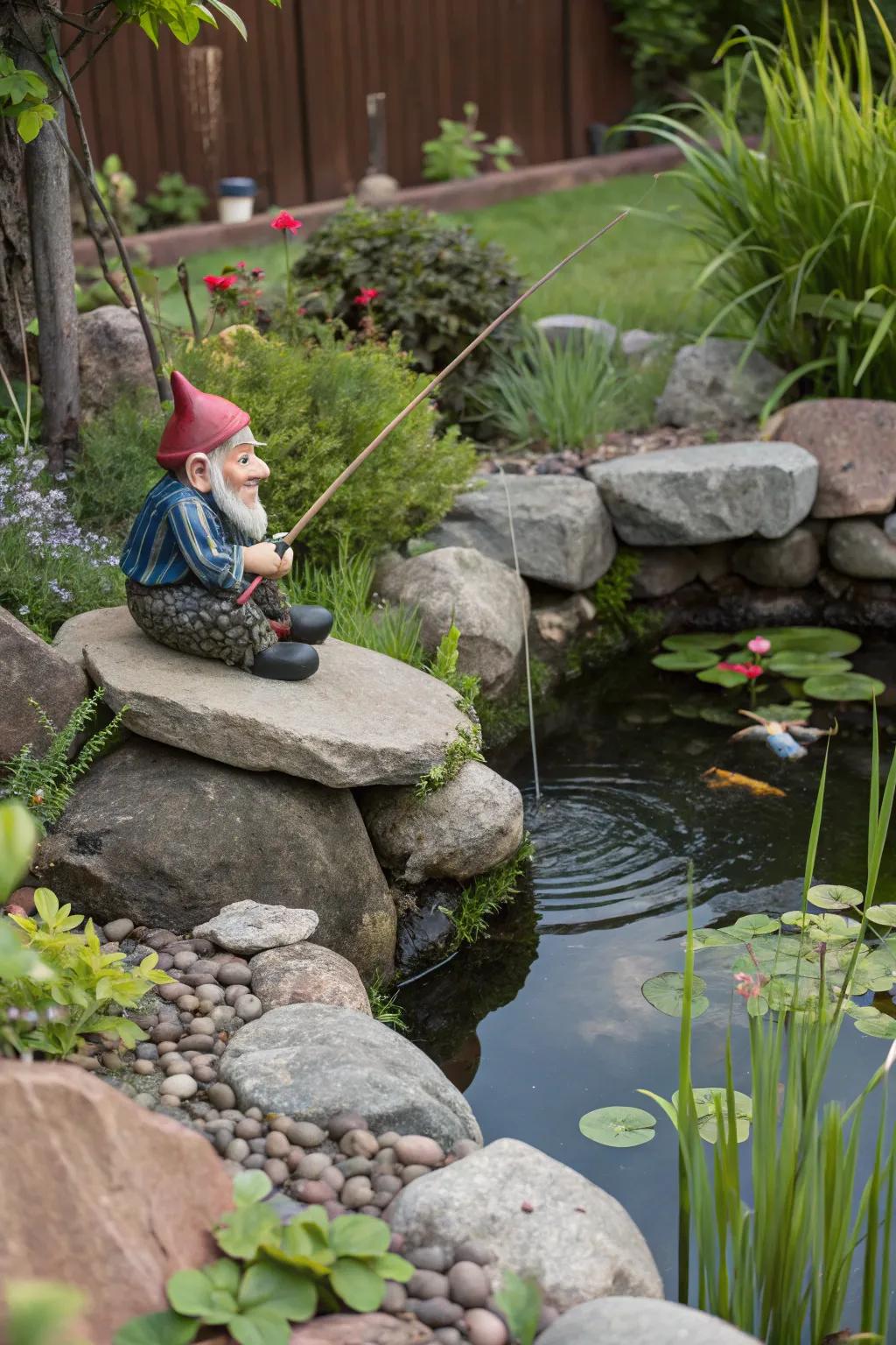 A spirited gnome angling pond offering extra garden allure.
