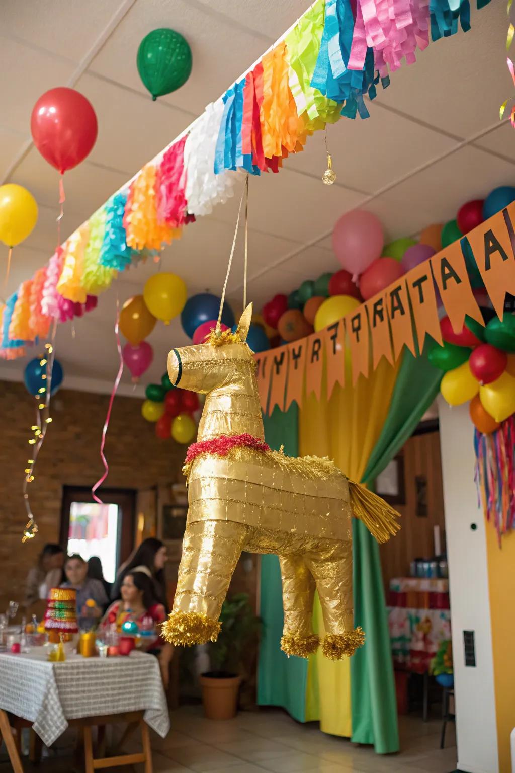 A golden surprise pinata is both fun and decorative.