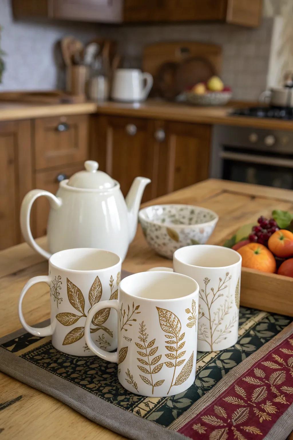 Relish a lavish morning coffee with mugs enhanced by gold leaf.