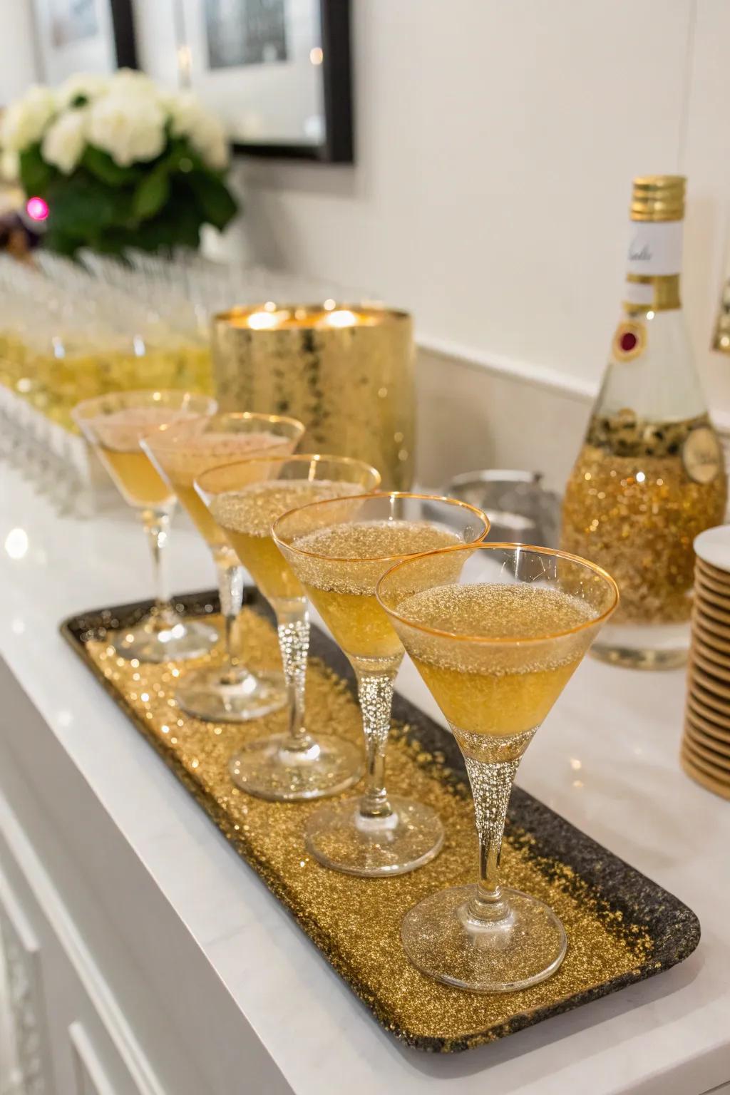 A glamorous drink station with sparkling gold beverages.
