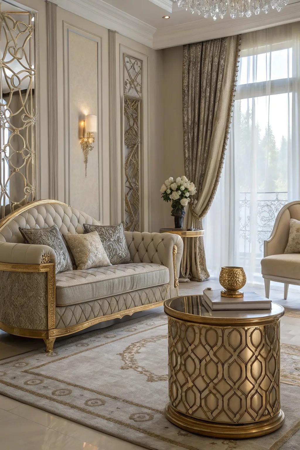 Metallic artwork highlights enhance sophistication and opulence.