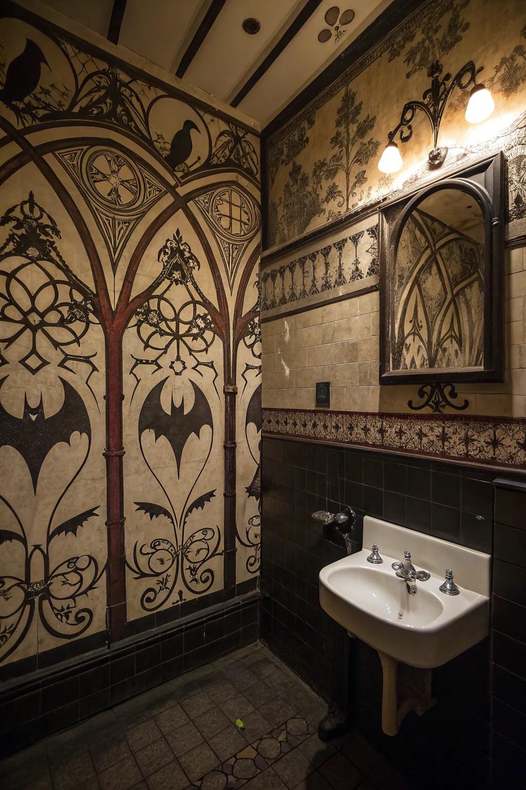 Gothic wall art adds character and intrigue to the space.