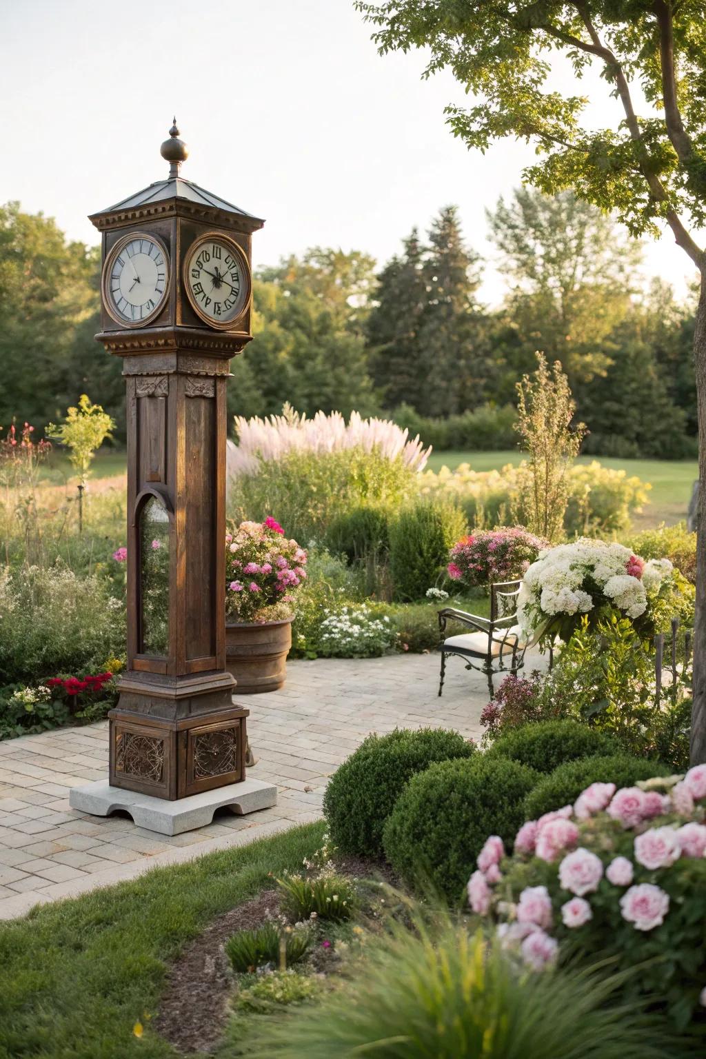 A longcase clock offers fun and appeal to a garden location outdoors.