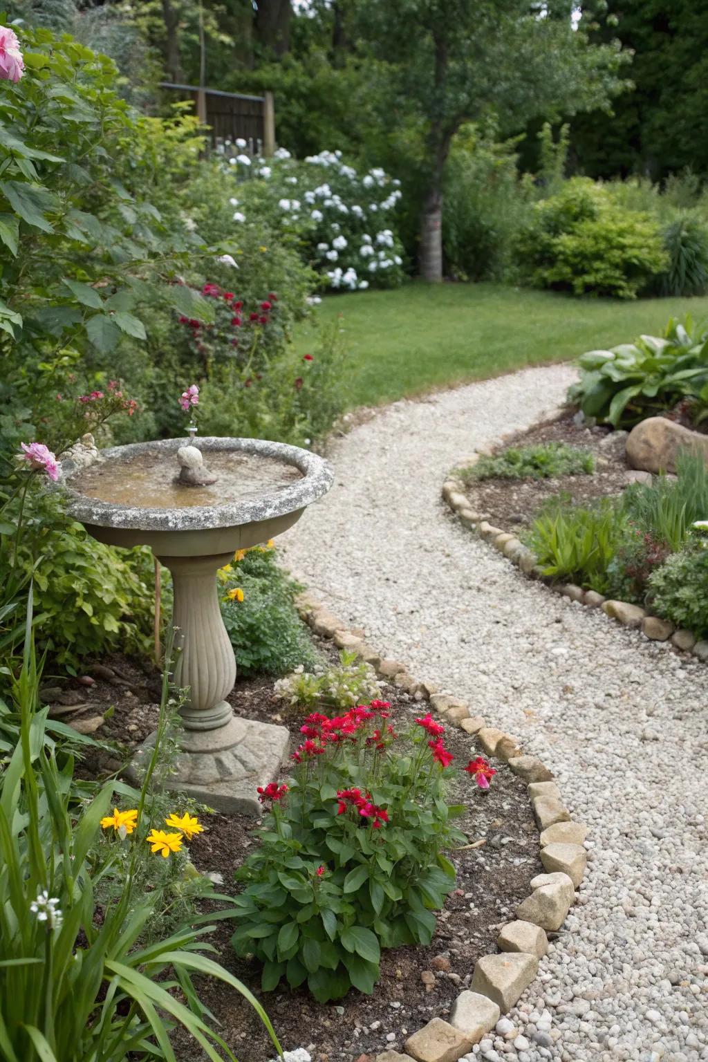 A wildlife-supportive pebble garden bed showcasing a birdbath