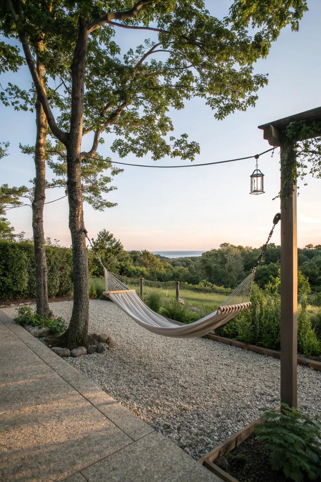 A gravel patio using a hammock, best for unwinding and relaxation.
