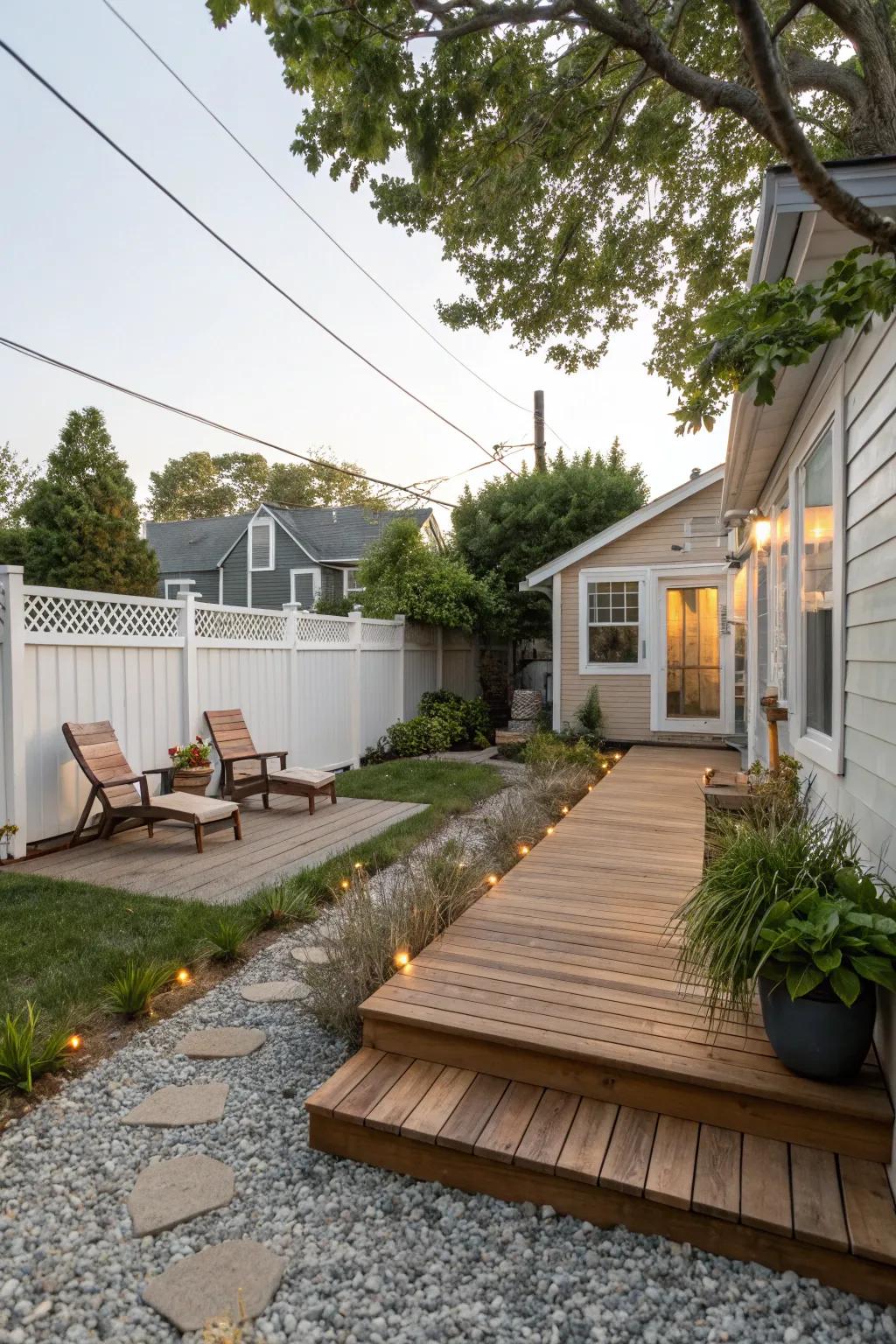 A harmonious blend of wooden decking and gravel in a backyard.